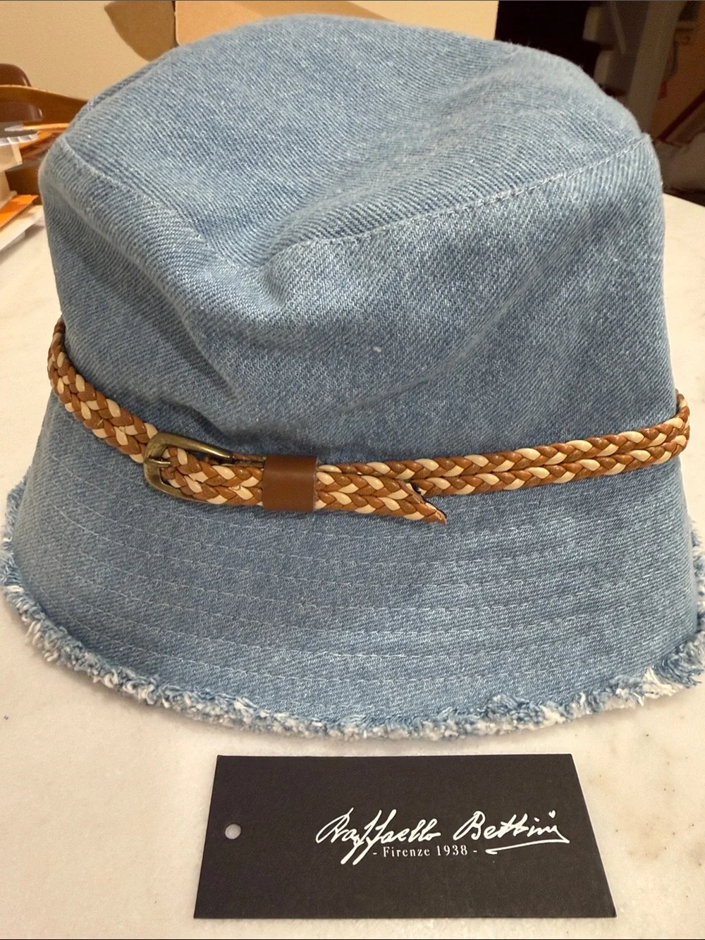Light Blue Denim Bucket Hat with Braided Tan Leather Band